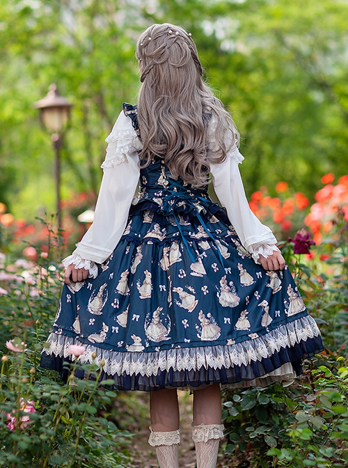 Miss Rabbit Dance Song Series Small Flying Sleeve Rabbit Printed Top Lace Hem Skirt Classic Lolita Sleeveless Top Skirt Set