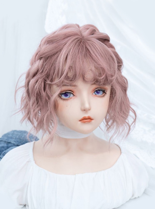 Cute Playful Girl Summer Lazy Long Curly Bangs Gray Pink Water Ripple Short Curly Hair Sweet Lolita Wig