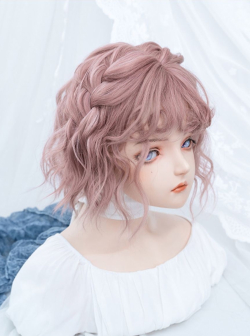 Cute Playful Girl Summer Lazy Long Curly Bangs Gray Pink Water Ripple Short Curly Hair Sweet Lolita Wig