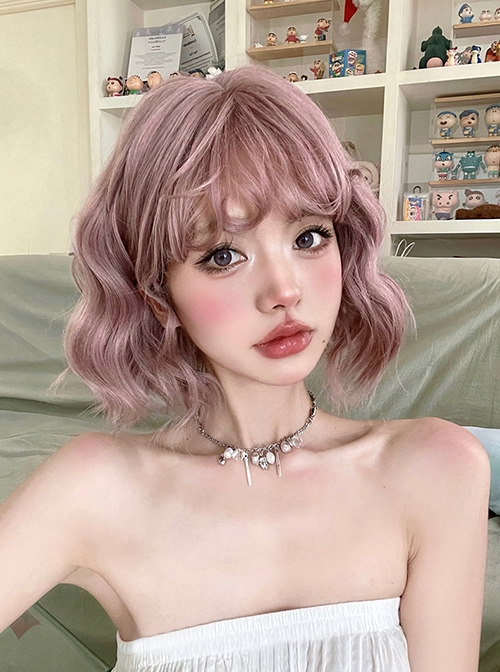 Cute Playful Girl Summer Lazy Long Curly Bangs Gray Pink Water Ripple Short Curly Hair Sweet Lolita Wig