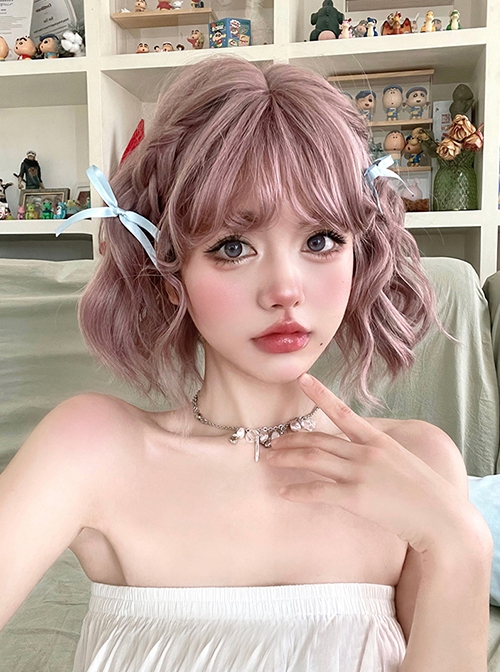 Cute Playful Girl Summer Lazy Long Curly Bangs Gray Pink Water Ripple Short Curly Hair Sweet Lolita Wig
