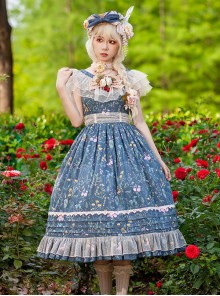 Flower And Grass Collection Series JSK Blue Floral Print Elegant Classic Lolita Sleeveless Dress Suit