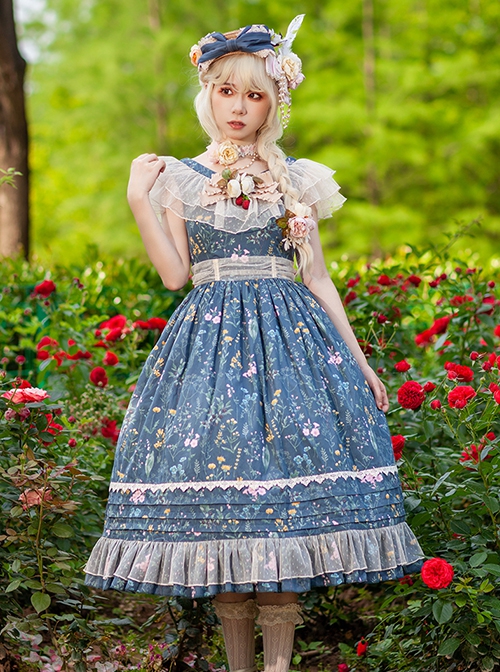 Flower And Grass Collection Series JSK Blue Floral Print Elegant Classic Lolita Sleeveless Dress Suit