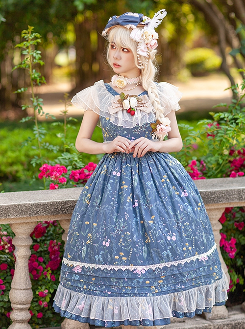 Flower And Grass Collection Series JSK Blue Floral Print Elegant Classic Lolita Sleeveless Dress Suit