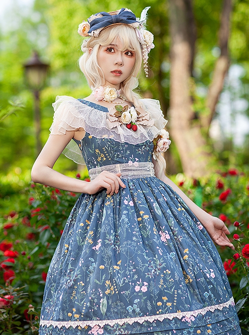 Flower And Grass Collection Series JSK Blue Floral Print Elegant Classic Lolita Sleeveless Dress Suit