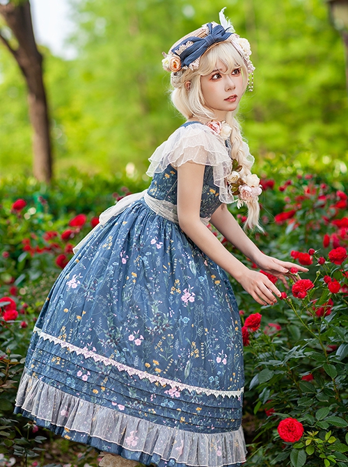 Flower And Grass Collection Series JSK Blue Floral Print Elegant Classic Lolita Sleeveless Dress Suit