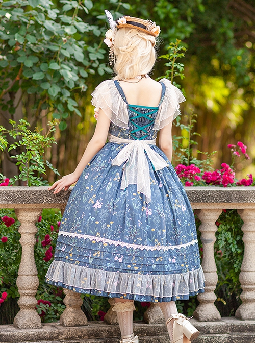 Flower And Grass Collection Series JSK Blue Floral Print Elegant Classic Lolita Sleeveless Dress Suit