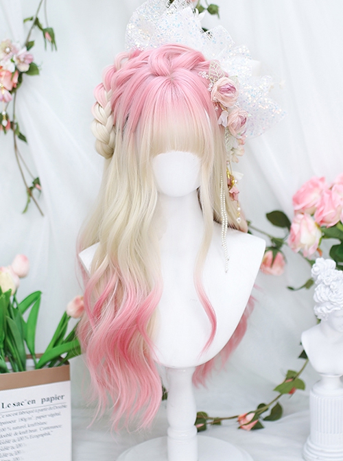 Spring Peach Series Soft Girl Pink Air Bangs Natural Long Curly Hair Sweet Lolita Wig