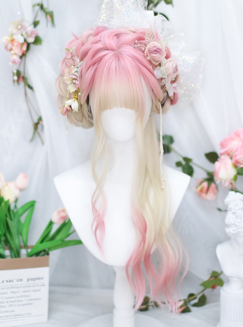 Spring Peach Series Soft Girl Pink Air Bangs Natural Long Curly Hair Sweet Lolita Wig