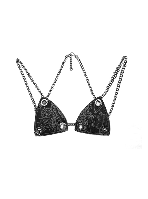 Escape From The Wilderness Series Black Denim Dragon Pattern Chain Decorate Design Punk Bikini Top