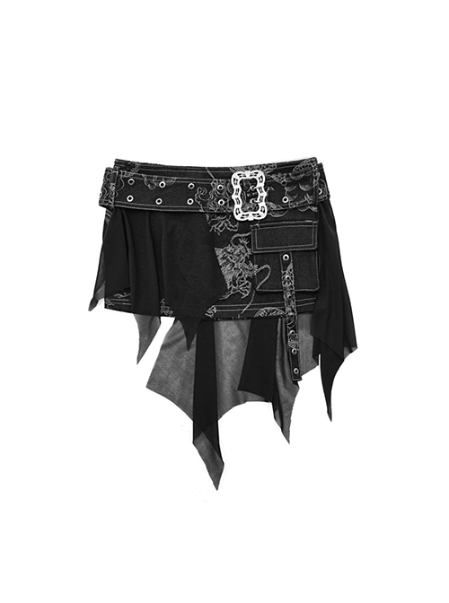 Escape From The Wilderness Series Summer Black Denim Dragon Pattern Design Girl Ultra Short Punk Skirt