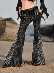 Escape From The Wilderness Series Black Denim Dragon Print Tassel Flared Pants Design Punk Pants