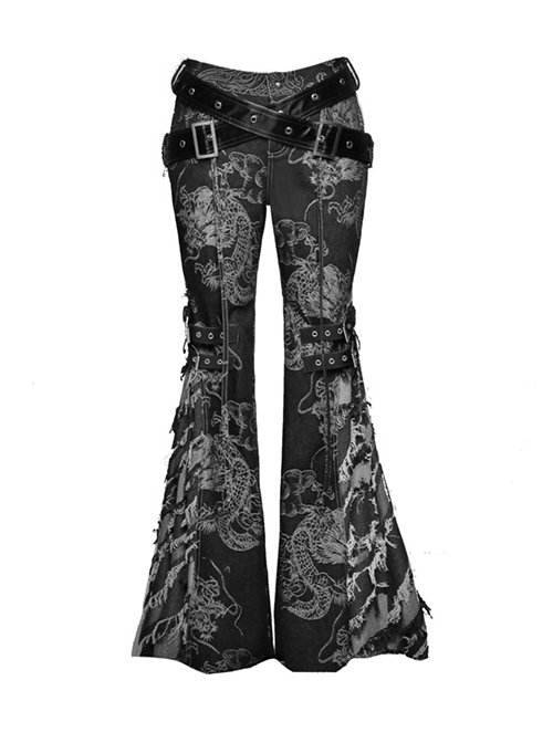 Escape From The Wilderness Series Black Denim Dragon Print Tassel Flared Pants Design Punk Pants