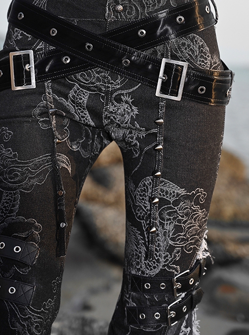 Escape From The Wilderness Series Black Denim Dragon Print Tassel Flared  Pants Design Punk Pants