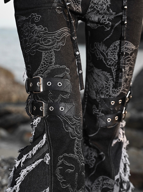 Escape From The Wilderness Series Black Denim Dragon Print Tassel Flared Pants Design Punk Pants