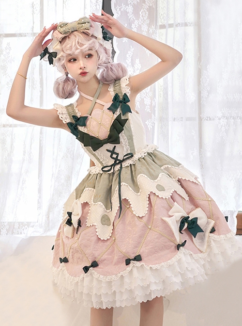 Cheese Strawberry Daily Series Pink Green Fresh Color Matching Irregular Hem Spring JSK Sweet Lolita Sleeveless Dress Set