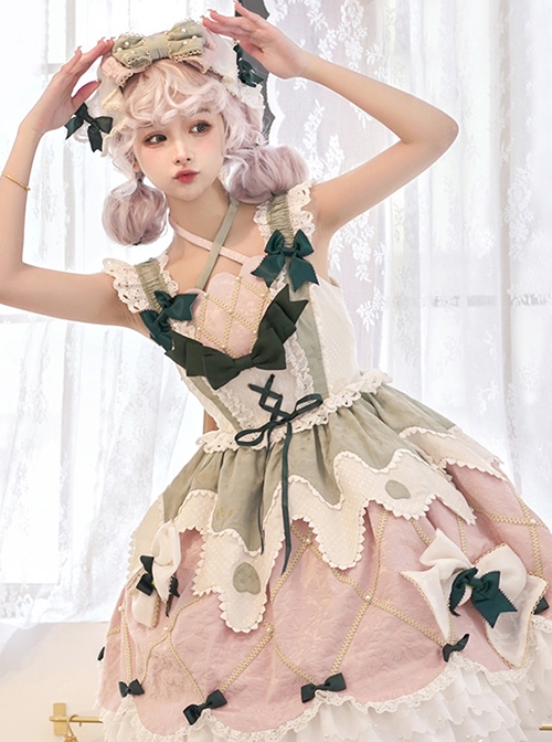 Cheese Strawberry Daily Series Pink Green Fresh Color Matching Irregular Hem Spring JSK Sweet Lolita Sleeveless Dress Set