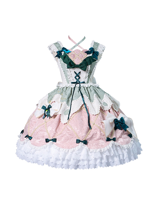 Cheese Strawberry Daily Series Pink Green Fresh Color Matching Irregular Hem Spring JSK Sweet Lolita Sleeveless Dress Set