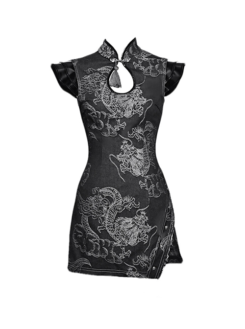 Escape From The Wilderness Series Chinese Style Stand-Up Collar Dragon Pattern Denim Black Slim-Fit Cheongsam Design Punk Dress