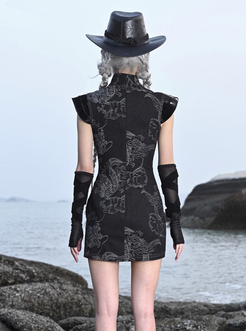 Escape From The Wilderness Series Chinese Style Stand-Up Collar Dragon Pattern Denim Black Slim-Fit Cheongsam Design Punk Dress