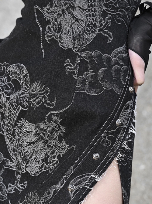Escape From The Wilderness Series Chinese Style Stand-Up Collar Dragon Pattern Denim Black Slim-Fit Cheongsam Design Punk Dress