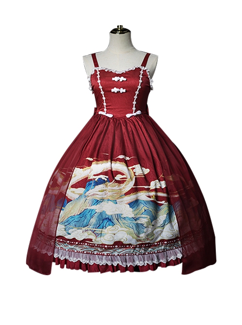 Fog Rises Dragon Chant Series Chinese Style Printed Buckle Decorated Lace Hem JSK Classic Lolita Sleeveless Dress