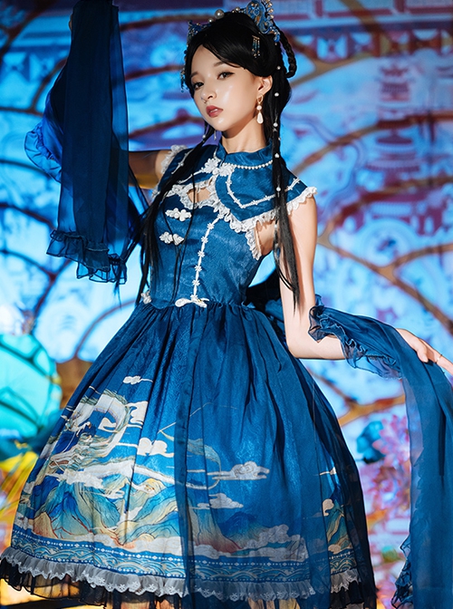 Fog Rises Dragon Chant Series Chinese Style Printed Buckle Decorated Lace Hem JSK Classic Lolita Sleeveless Dress