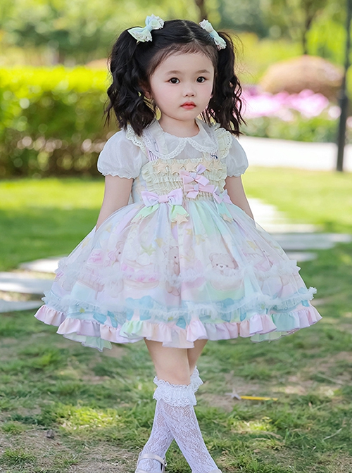 Rainbow Star Series Collection Summer Daily Bear Print Bow Knot Star Decoration Sweet Lolita Kids Sleeveless Dress