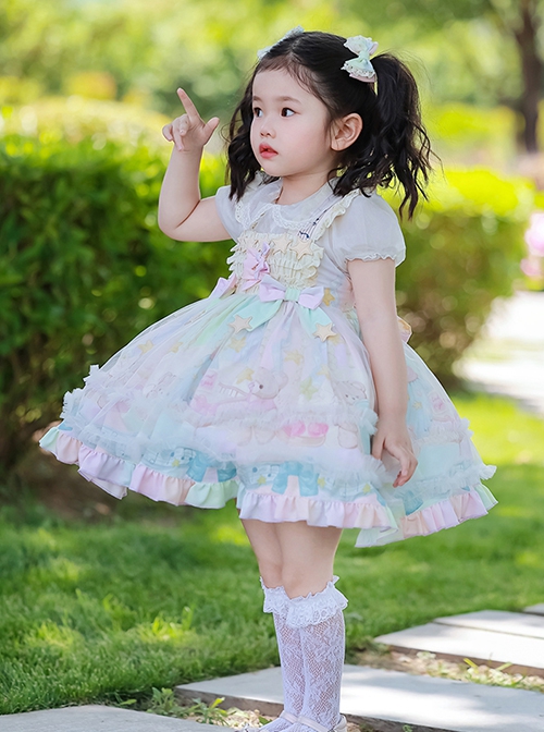 Rainbow Star Series Collection Summer Daily Bear Print Bow Knot Star Decoration Sweet Lolita Kids Sleeveless Dress