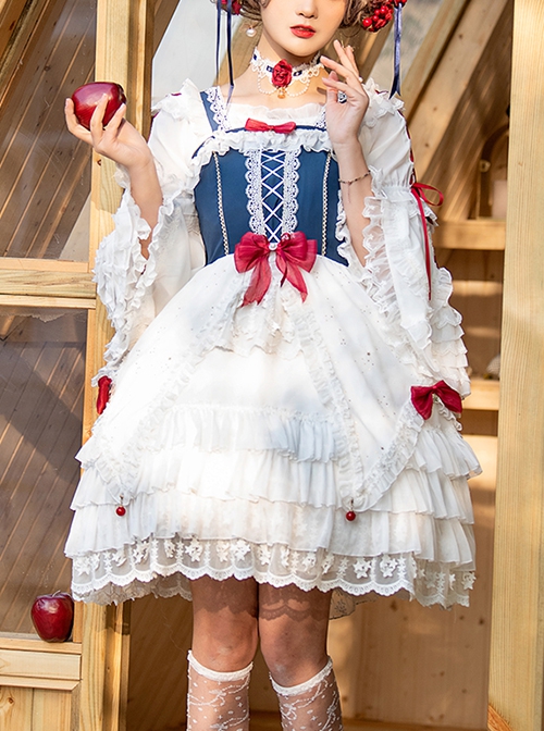 Weaving Star Snow White Series White Lace Multi-Layered Hem Design Red Bowknot Embellished Classic Lolita Sleeveless Dress