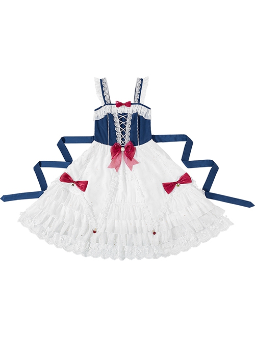 Weaving Star Snow White Series White Lace Multi-Layered Hem Design Red Bowknot Embellished Classic Lolita Sleeveless Dress