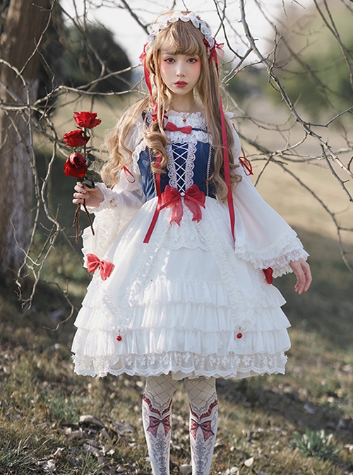 Weaving Star Snow White Series White Lace Multi-Layered Hem Design Red Bowknot Embellished Classic Lolita Sleeveless Dress