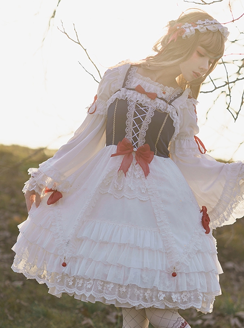 Weaving Star Snow White Series White Lace Multi-Layered Hem Design Red Bowknot Embellished Classic Lolita Sleeveless Dress