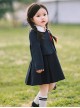 School Style Daily Fashion Spring Simple Black Vest Dress Lapel Long Sleeve Coat Design School Lolita  Kids Sleeveless Dress Set