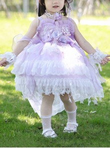 Summer Purple Three-Dimensional Flower Decoration Lace Bowknot Princess Dress Sweet Lolita  Kids Sleeveless Dress