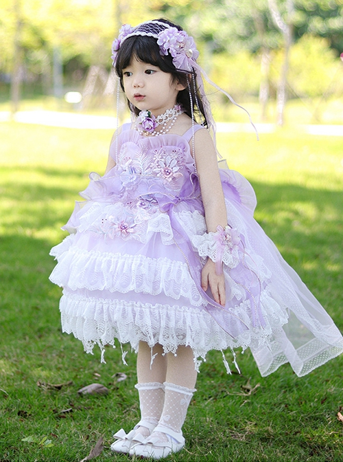 Summer Purple Three-Dimensional Flower Decoration Lace Bowknot Princess Dress Sweet Lolita  Kids Sleeveless Dress