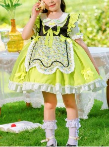 Summer Green Ruffle Hem Bowknot Decoration Floral Apron Sweet Lolita  Kids Short Sleeve Dress