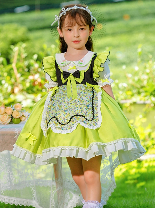 Summer Green Ruffle Hem Bowknot Decoration Floral Apron Sweet Lolita  Kids Short Sleeve Dress