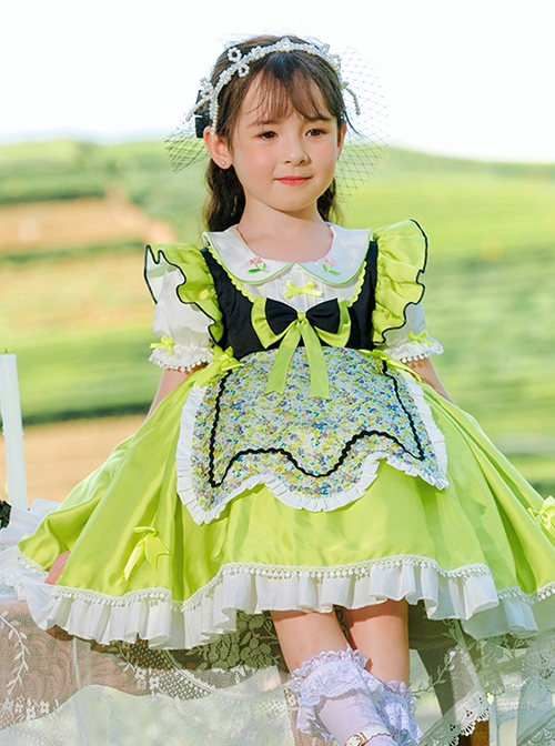 Summer Green Ruffle Hem Bowknot Decoration Floral Apron Sweet Lolita  Kids Short Sleeve Dress