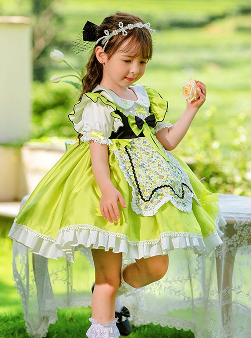 Summer Green Ruffle Hem Bowknot Decoration Floral Apron Sweet Lolita  Kids Short Sleeve Dress