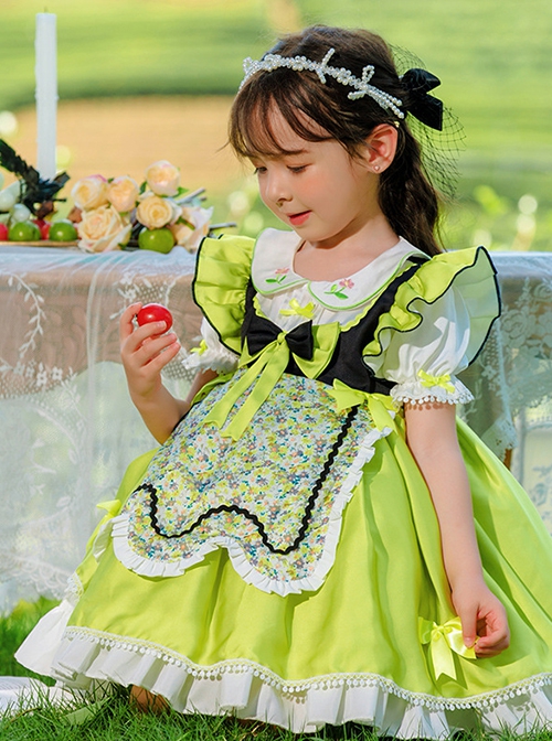 Summer Green Ruffle Hem Bowknot Decoration Floral Apron Sweet Lolita  Kids Short Sleeve Dress