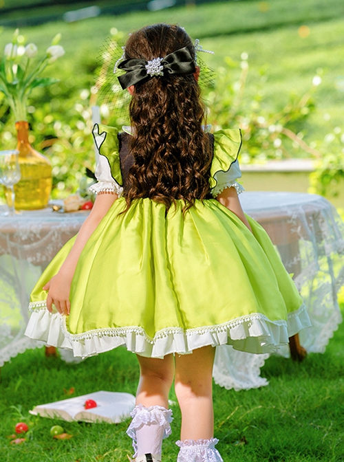 Summer Green Ruffle Hem Bowknot Decoration Floral Apron Sweet Lolita  Kids Short Sleeve Dress