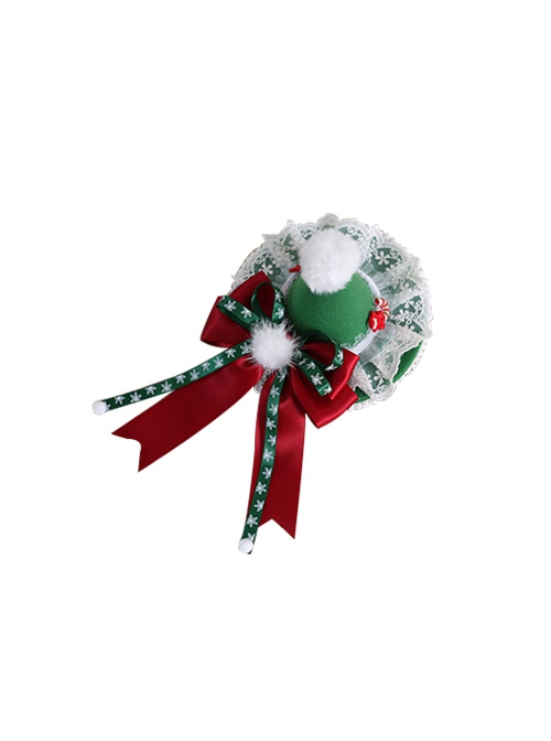 Christmas White Hairball Bowknot Decoration Lace Sweet Lolita Little Top Hat