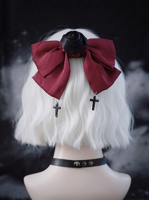 Black Rose Red Satin Bowknot Elegant Cross Decoration Gothic Lolita Hair Clip