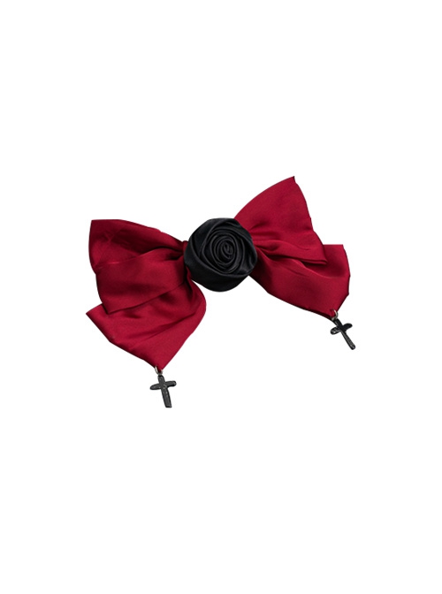 Black Rose Red Satin Bowknot Elegant Cross Decoration Gothic Lolita Hair Clip