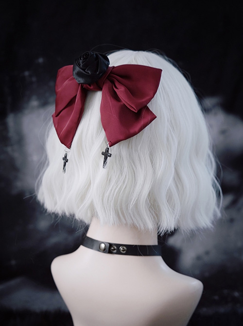 Black Rose Red Satin Bowknot Elegant Cross Decoration Gothic Lolita Hair Clip