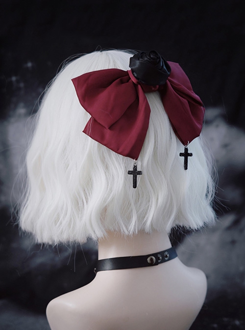 Black Rose Red Satin Bowknot Elegant Cross Decoration Gothic Lolita Hair Clip