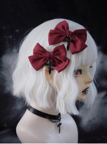 Elegant Wine Red Satin Bowknot Daily Simple Cross Decoration Gothic Lolita Hair Clips