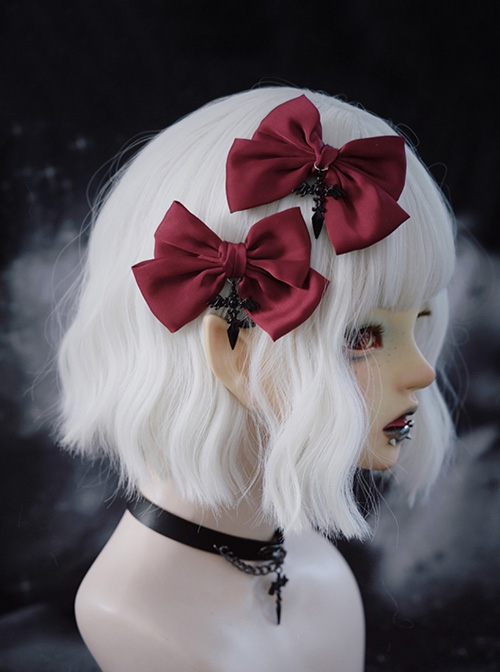 Elegant Wine Red Satin Bowknot Daily Simple Cross Decoration Gothic Lolita Hair Clips