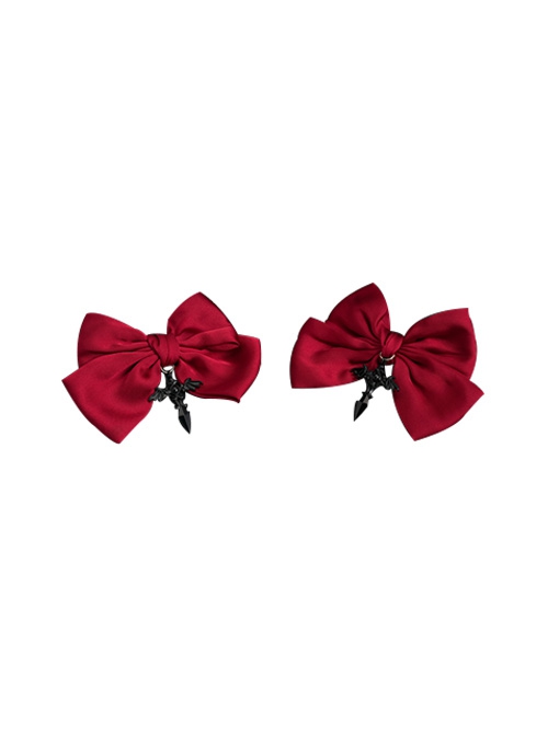 Elegant Wine Red Satin Bowknot Daily Simple Cross Decoration Gothic Lolita Hair Clips